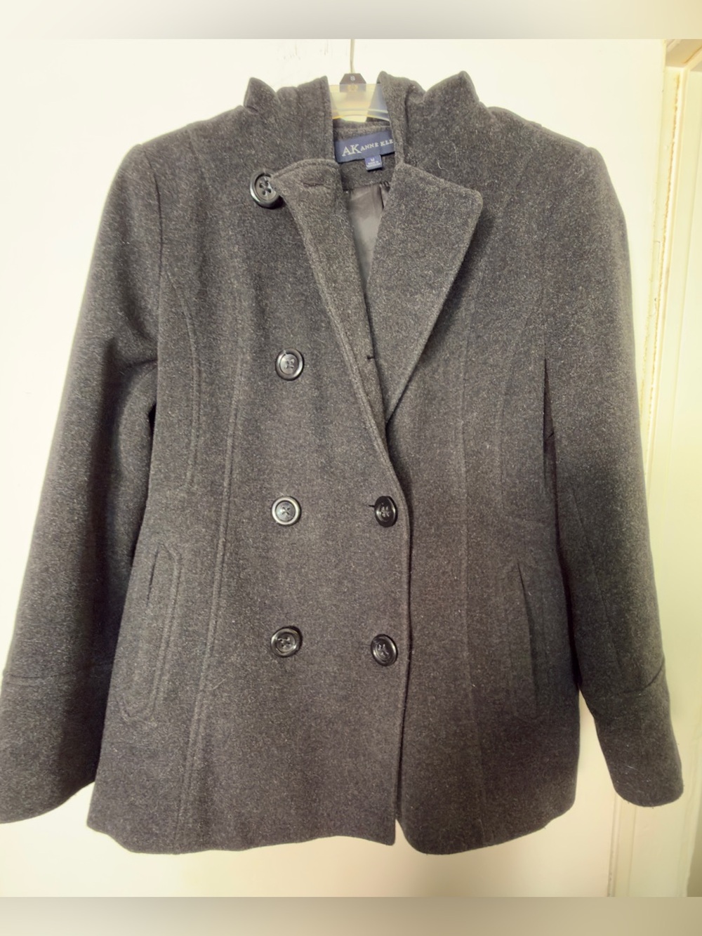 Anne Klein Charcoal Double-Breasted Wool-Blend Peacoat Sz M